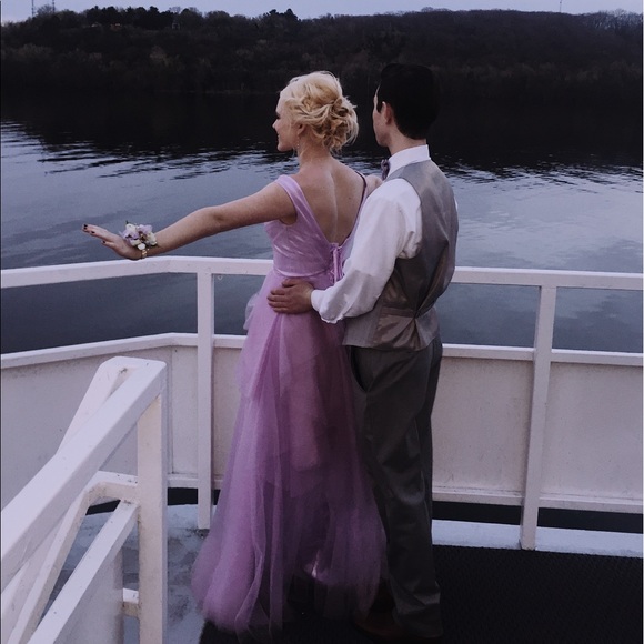 Lavender, off the shoulder dress with a lace-up back & tiered tulle. Worn once. - Picture 5 of 8